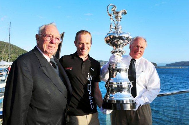 The America’s Cup is welcomed to Audi Hamilton Island Race Week by island owner and veteran yachtsman, Bob Oatley, Cup winning skipper Jimmy Spithill, and Hamilton Island Yacht Club Commodore, Iain Murray - Audi Hamilton Island Race Week 2012 ©  Andrea Francolini / Audi http://www.afrancolini.com